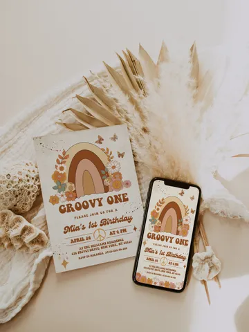 Groovy One Baby Editable Any Age Pink Groovy Van Daisy Rainbow Hippie Birthday Invitation Let's get Groovy 1st Birthday Invitation ; gr5 $12.78