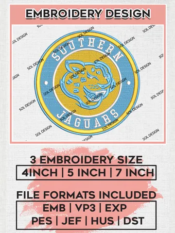 NCAA Southern Jaguars Round Logo Embroidery, NCAA Southern Jaguars Logo Embroidery files, NCAA Teams, Machine embroidery designs, Digital Download $6.99
