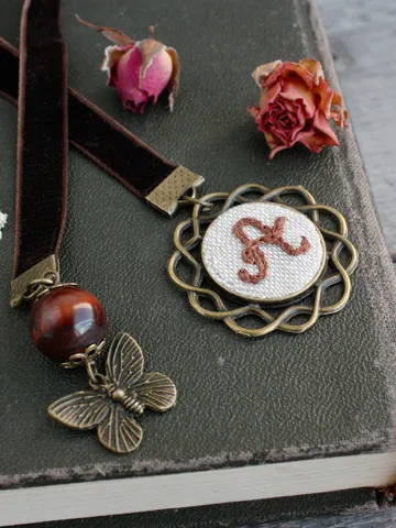 Brown personalized velvet ribbon bookmark with butterfly moth charm Dark academia monogram Beaded bookmark wIth custom letters $22.00
