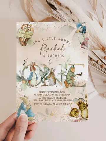 DIY Classic Peter Rabbit First Birthday Invitation; Peter Rabbit neutral birthday any age editable template; tale of peter rabbit pr6 $12.78