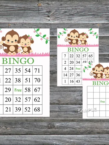 Baby Monkey bingo cards,Baby Monkey bingo game,Monkey printable bingo cards,60 Bingo Cards,INSTANT DOWNLOAD--297 $3.95