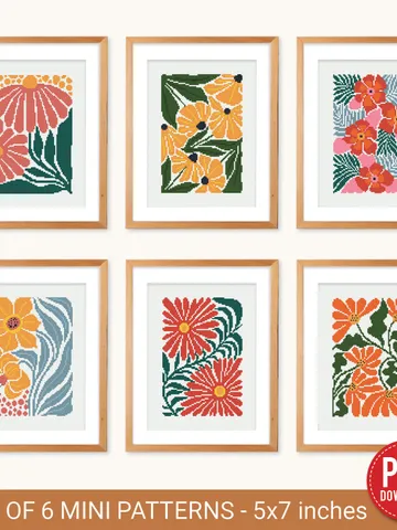 Bundle of 6 mini contemporary Flowers Cross stitch patterns Abstract floral Plant beginner counted modern chart DIY embroidery instant PDF $17.83