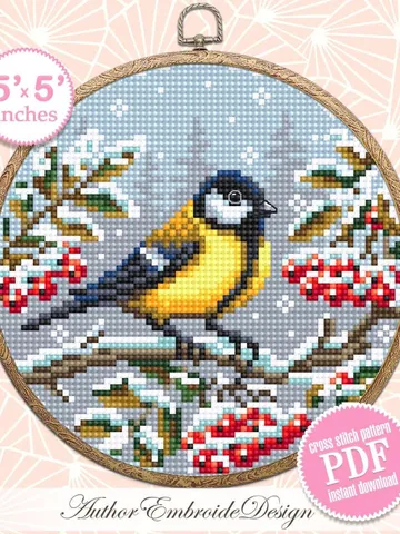 Winter bird cross stitch pattern PDF download Titmouse cross stitch chart, Christmas pattern digital PDF, Snow nature cross stitch #N166 $3.95
