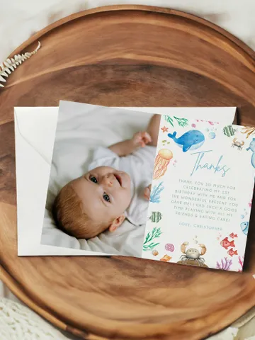 Under the Sea Thank You Card Template, Printable Thank You Card, Oneder the Sea 1st Birthday Thank You Card Editable Template i107 $5.50