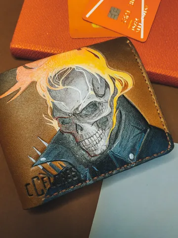 Ghost Rider Hand Painted wallet, Marvel wallet for husband, Geek wallet for son, Handmade custom biker wallet, Bikers wallet, Cool wallet $119.80