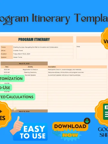 Program Itinerary Template, Editable Google Sheets Template, Digital Download, Easy to Use, Event Planning, Travel & Meeting Schedule Tool $5.46