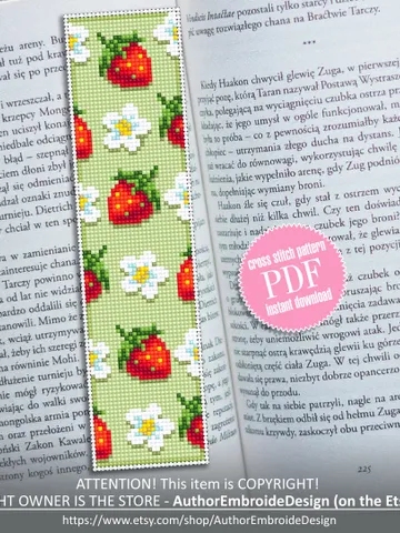 Bookmark Strawberry cross stitch download PDF Summer cross stitch chart Digital bookmark fruit Red berries xstitch Floral embroidery #B48 $4.40