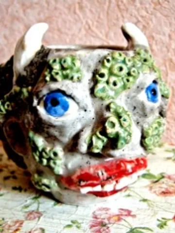 Ceramic Devil Mug Art Face Handmade Stoneware Clay Pottery Glazed Vase $100.00