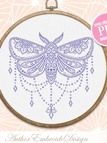 Mandala butterfly cross stitch pattern PDF download Moth cross stitch chart, Monochrome moth pattern, Flower mandala embroidery PDF #M225 $4.60