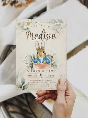 Peter Rabbit First Birthday Invite; Bunny Baby Birthday Invitation template; Our little bunny turning one; neutral bunny birthday invitation $12.78