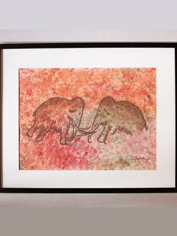Playing mammoths wall art | Original Pastel and Watercolor Artwork Ancient Cave Painting Style | Prehistoric art | Handmade Artwork | Stylization of rock art | Drawings of a prehistoric man $115.00