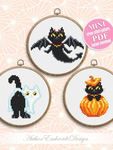 Set Halloween cats cross stitch pattern PDF download Cute black cat embroidery PDF, Funny home cat decor, Ghost cat cross stitch chart #H65 $5.50
