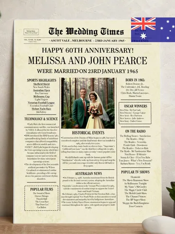 60th diamond wedding anniversary gift for parents 1965 australian newspaper poster printable the wedding times 60 year keepsake card $15.00
