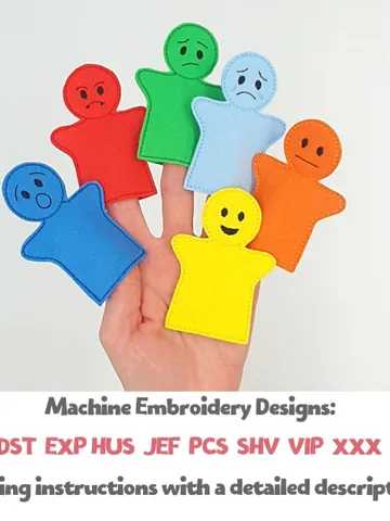 Emotions Finger Puppets ITH Embroidery Design Set, Feelings Learning Toy Felt Pattern, Educational SEL Tool 4x4 Hoop Download $5.00