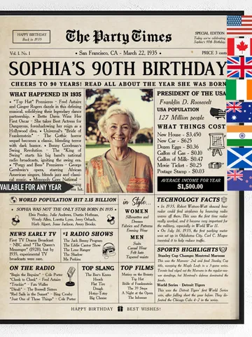 90th birthday newspaper poster for women born in 1935 back in 1935 printable sign personalized 90th birthday gift vintage style decor $15.99
