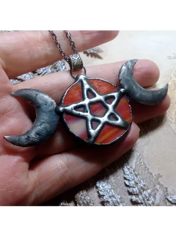 Hecate necklace, Pentacle, Moon Goddess, Stained glass moon, Moon phase necklace, Stainglass crescent, Full moon pendant $29.00