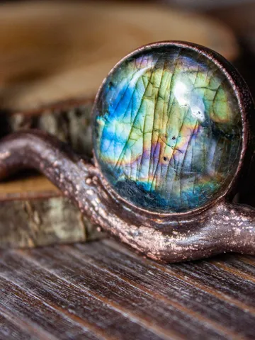 Copper pendant - choker made from natural stick using electroforming with natural labradorite stone $89.00