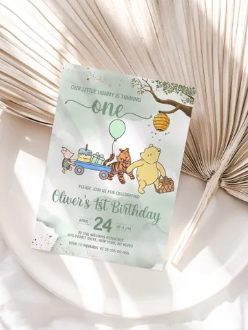 Classic Winnie Pooh Baby Birthday Invitation; Winnie Pooh Baby Birthday ; Greenery Baby Birthday; Honey Bear Birthday; Winnie Pooh wp $12.78