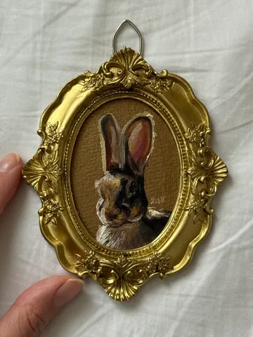 Framed Rabbit Oil Painting Original Animals Art Cute Bunny Painting Gold Frame Victorian