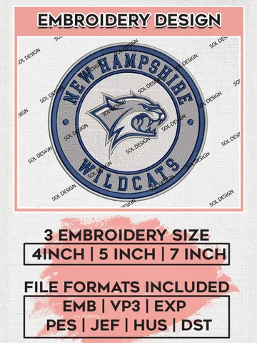 NCAA New Hampshire Wildcats Round Logo Embroidery, NCAA New Hampshire Team Logo Embroidery files, NCAA Teams, Machine embroidery designs, Digital Download $6.99