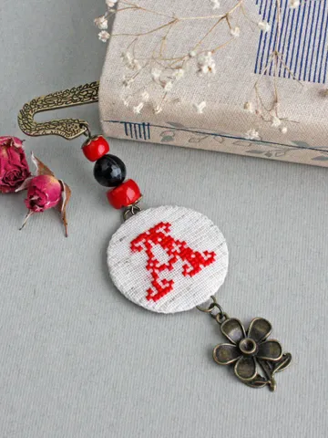 Personalized red black gemstone bookmark with coral agate beads Hand embroidered monogrammed book marker with personalization for women