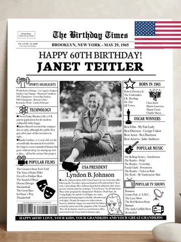 60th Birthday Newspaper Poster for Mom and Dad – Born in 1965 Sign, Back in 1965 Printable Gift, Vintage 60th Birthday Decorations $15.00