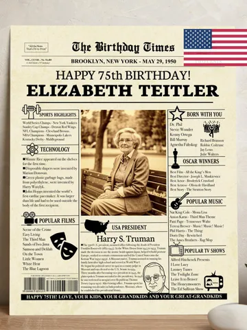 Personalized 75th Birthday Newspaper Poster, Birthday Sign, 75 Years Ago Back in 1950, 75th Birthday Gift, 75th Birthday Decorations $15.00