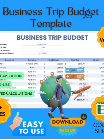 Business Trip Budget Template, Editable Google Sheets Digital Download, Travel Expense Tracker, Corporate Travel Planner $8.26