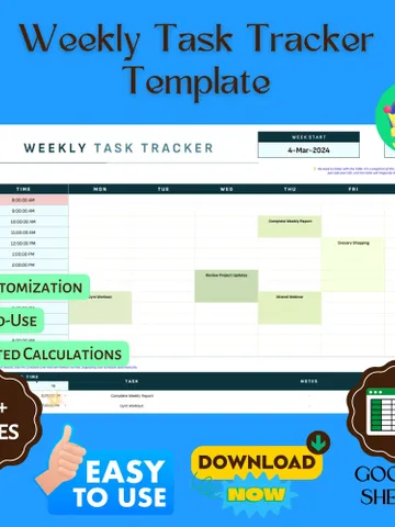 Weekly Task Tracker Template, Editable Google Sheets, Task Management Log, Weekly Progress Tracking Sheet $8.26