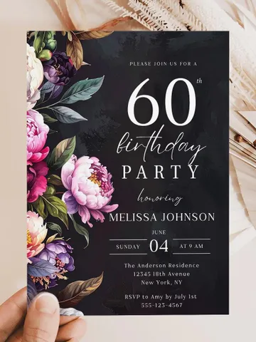 60th Birthday Invitation for women – Moody Burgundy & Blush Peony Floral Invitation, Elegant Dark Men Birthday Party Invite Canva Template $7.00