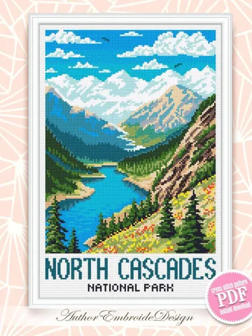 North cascades national park cross stitch pattern PDF download Travel poster cross stitch chart, Mountain landscape pattern digital PDF #L97 $4.90