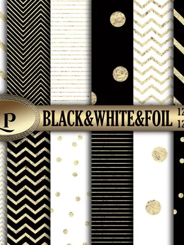 Black and white background with Gold Foil confetti, stripes and chevron. Metallic dots textures digital papers, Instant download $4.07