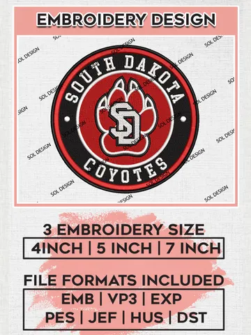 NCAA South Dakota Coyotes Round Logo Embroidery, NCAA South Dakota Coyotes Logo Embroidery files, NCAA Teams, Machine embroidery designs, Digital Download