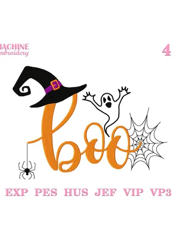Boo machine embroidery pattern 4 size Halloween embroidery design instant download, Spooky boo and witch hat, Boo ghost embroidery file #R35 $3.90