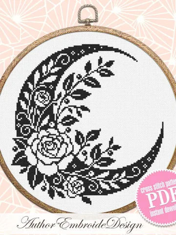 Crescent moon and flowers cross stitch pattern PDF download Floral moon cross stitch chart, Moon pattern digital PDF, Moon embroidery #P50 $4.20