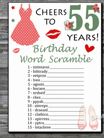 55th Birthday Word Scramble Game,Adult Birthday party game-fun games for her-Instant download $1.75