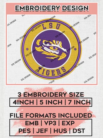 NCAA LSU Tigers Round Logo Embroidery, NCAA LSU Tigers Logo Embroidery files, NCAA Teams, Machine embroidery designs, Digital Download $6.99