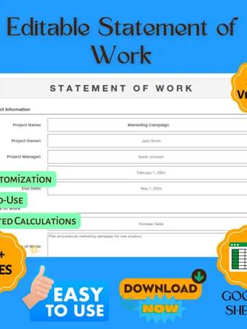 Editable Statement of Work Template, SOW Agreement Form, Work Scope Document, Google Sheets Contract Template $6.90