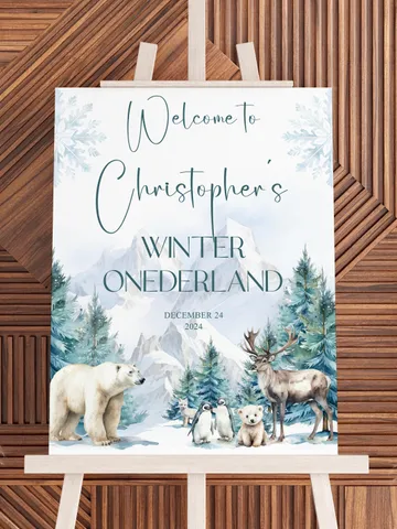 Winter Onederland Boy 1st Birthday Party Welcome Sign, Blue Wonderland Christmas First Snow Poster, Editable Corjl Template - i132 $9.00
