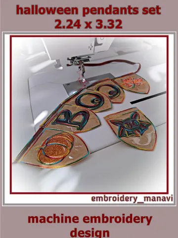 Set of In The Hoop designs pendants with ‘BOO’ maple leaf pumpkin bat embroidery Applique $6.00