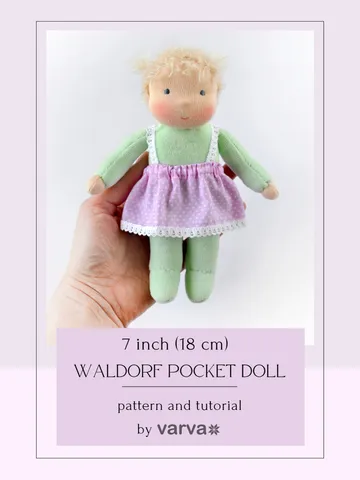 DIY Waldorf pocket doll 7 inch (18 cm) tall. PDF sewing pattern and tutorial + doll clothes patterns.