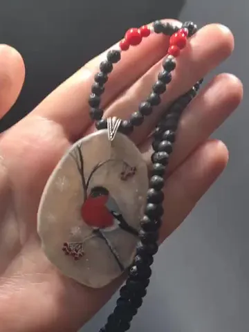 Bullfinch on a rowan branch necklace Hand painted Christmas Gift Wrapping $110.00