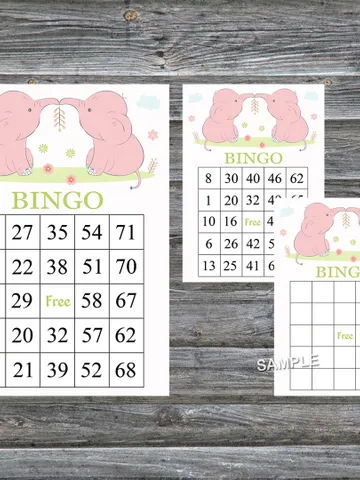 Pink Elephant bingo cards,Baby Elephant bingo game,Elephant printable bingo cards,60 Bingo Cards,INSTANT DOWNLOAD--194 $3.95