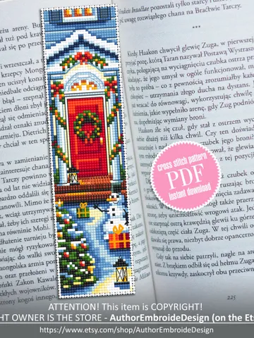 Christmas bookmark cross stitch pattern download PDF Christmas house cross stitch chart, Holiday handmade bookmark, Red door embroidery #B91 $4.40