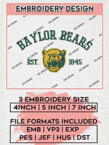 Baylor Bears Est 1845 Logo Embroidery Designs, NCAA Baylor Bears Team Embroidery, NCAA Team Logo, 3 sizes, Machine embroidery Files, Digital Download $6.99