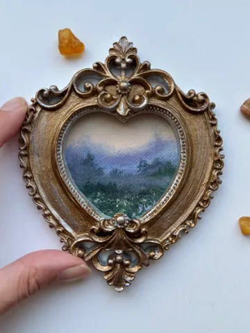 Morning Foggy Field Landscape Painting Original In Vintage Style Frame Small Framed Oval Painting Art
