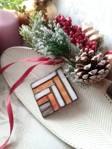 Christmas stainglass white-orange suncatchers, simple stained glass decorations, Xmas tree toy