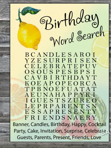 Lemon Birthday Word Search Game,Adult Birthday party game-fun games for her-Instant download