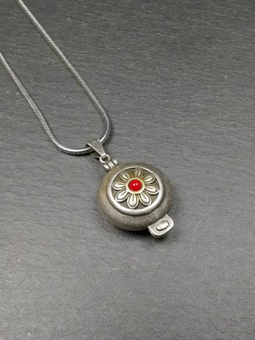 Gandhanra Handmade Antique Silver Gau Ghau Shrine, Flower Pattern Gau Box, Mini Tibetan Buddhist Altar Amulet Necklace $79.99