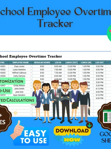 School Employee Overtime Tracker Template, Teacher Timesheet, HR Payroll Management Tool for Schools $8.26